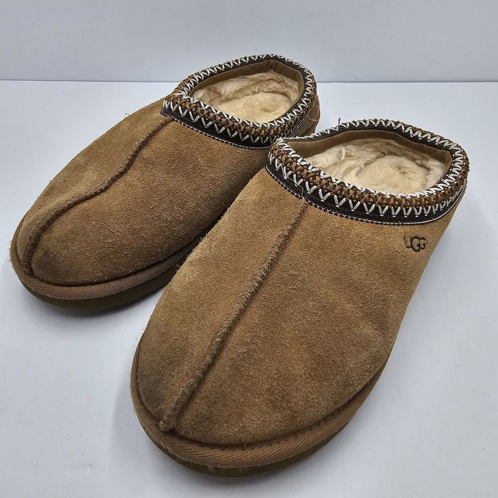 UGG Tasman Slippers Womens 7 Chestnut Suede Shearling Embroidered Braid 5955